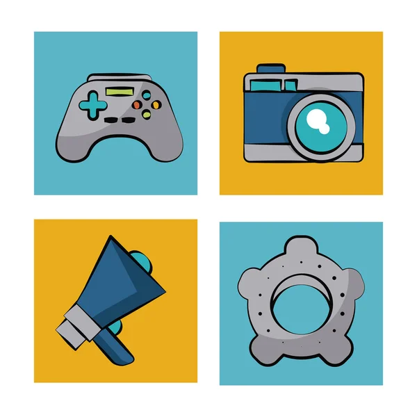 Fondo blanco con marcos de color con iconos de juegos y cámara y megáfono y ajustes — Vector de stock