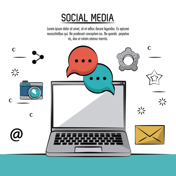 Poster colorato di social media con computer portatile e icone fotocamera e bolle vocali e posta — Vettoriale Stock