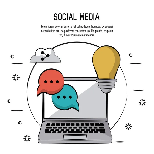 Cartel colorido de las redes sociales con ordenador portátil en círculo e iconos burbujas de voz y bombilla — Vector de stock