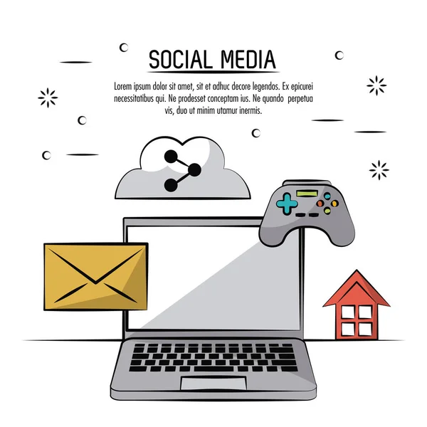 Kolorowy plakat mediów społecznych z ikony poczty i cloud link i gra kontrolera i domu z tyłu laptopa. — Wektor stockowy