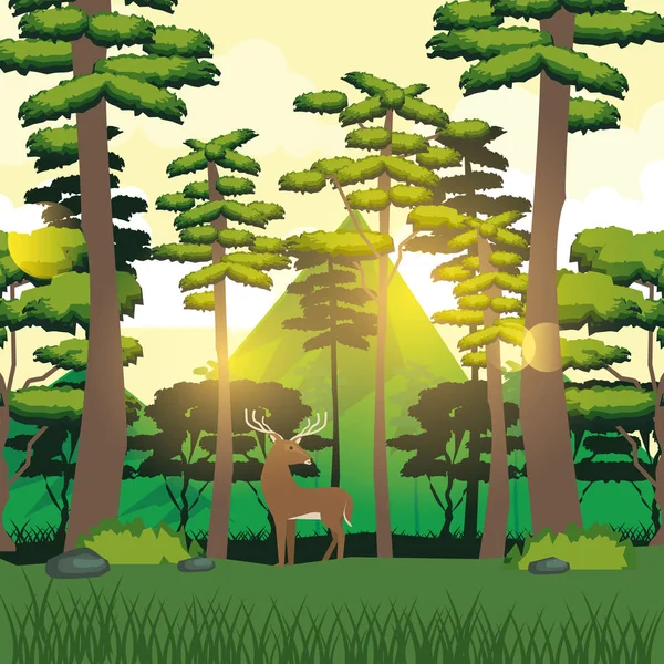 Orman ve dağ manzarası ve geyik renkli arka plan — Stok Vektör