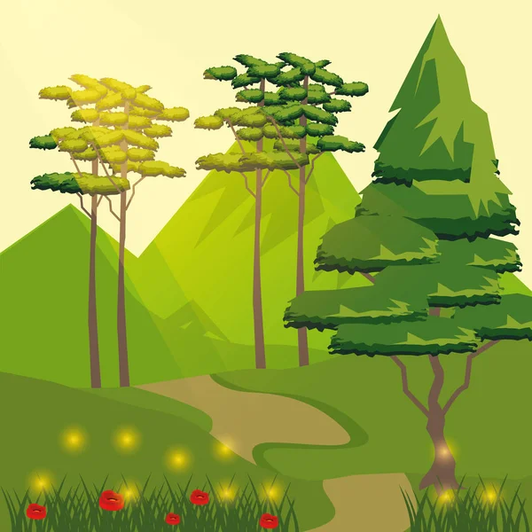 Fond coloré de route et de montagne avec des arbres et la lumière du soleil — Image vectorielle