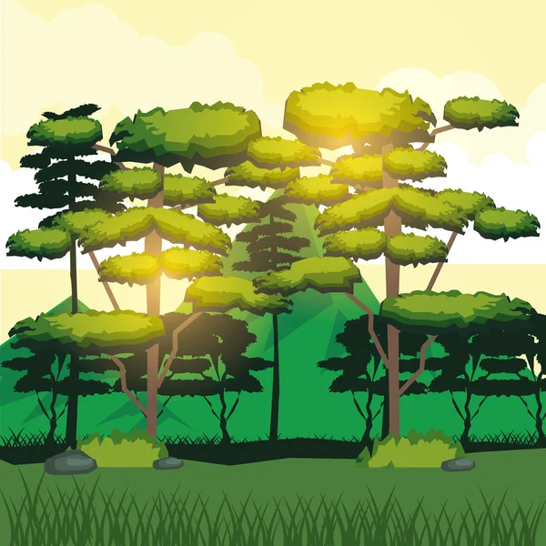 Fond coloré de lumière du soleil sur les grands arbres et les montagnes à l'arrière — Image vectorielle