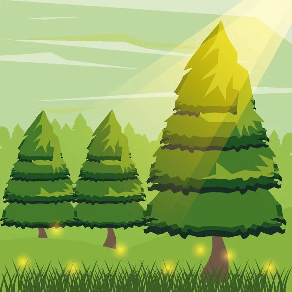Fond coloré avec des pins et la lumière du soleil — Image vectorielle
