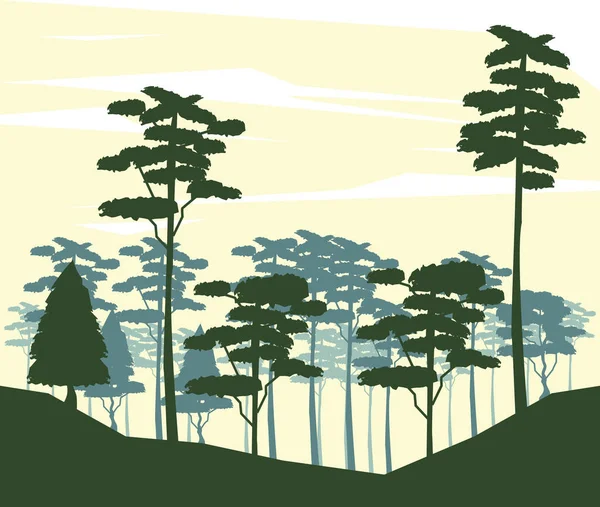 Fondo colorido con silueta paisaje de bosque con árboles — Vector de stock