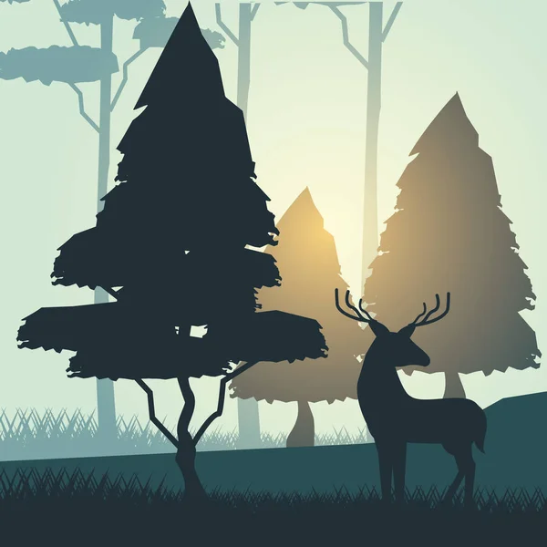 Fondo colorido con el amanecer paisaje de bosque con árboles y ciervos — Vector de stock