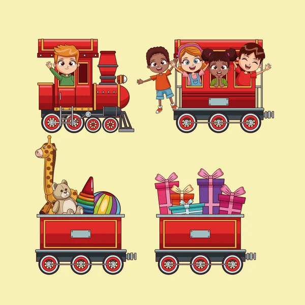 Lindos niños en dibujos animados de tren — Vector de stock