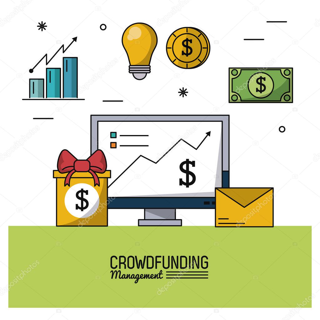 colorful poster of crowd funding management with desktop computer and saving icons around