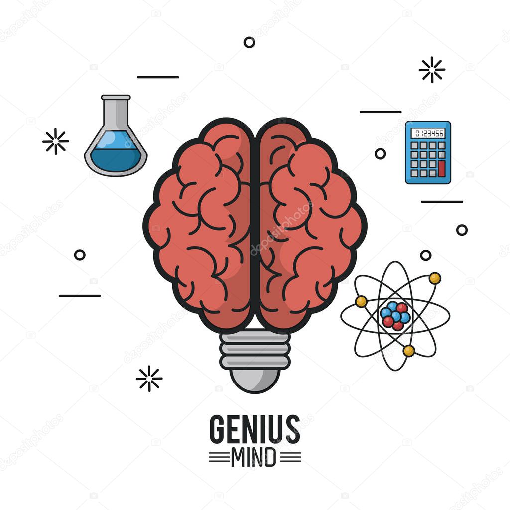 Colorful poster of genius mind with brain with light bulb socket and icons of test tube and atom and calculator vector illustration
