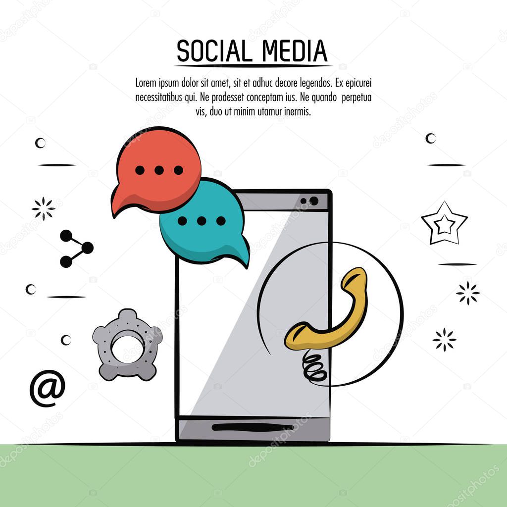 Colorful poster of social media with icons speech bubbles settings logo and phone with smartphone in back side vector illustration