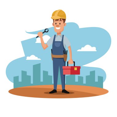 karakter adam işçi çalışan inşaat tulum ve donanımları