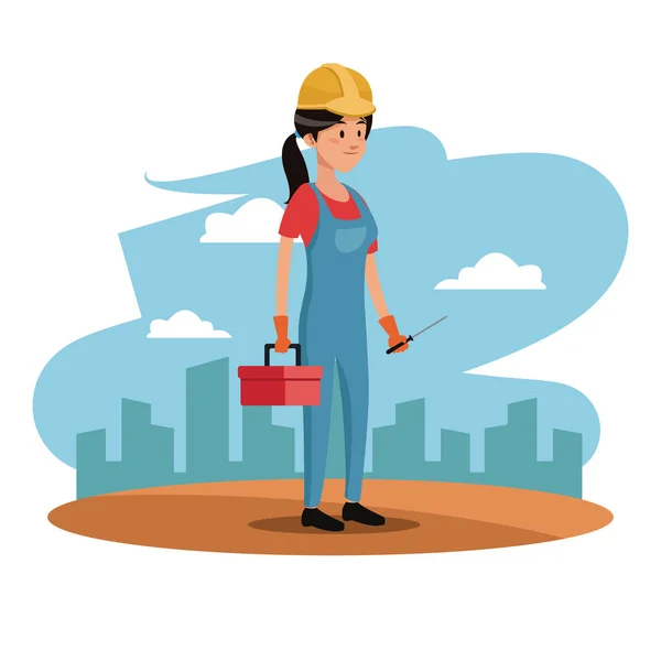 Personaggio donna dipendente lavoratore costruzione toolkit sfondo urbano — Vettoriale Stock