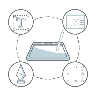 kalem ve simgeler ile siluet ile beyaz arka plan renk bölümleri gölgelendirme çizim tablası etrafında grafik tasarımı