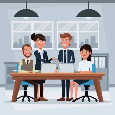 renkli arka plan işyeri ofis takım çalışması ile çalışan kadın ve erkek Yöneticiler için standartlarla uyumlu