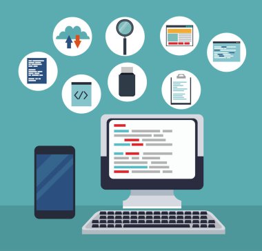 renk arka plan teknik bilgisayar programlama kodları ve smartphone aygıt simgeleri ile