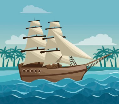 renkli poster gökyüzü manzara ve palmiye ağaçlarının plaj ve yelkenli