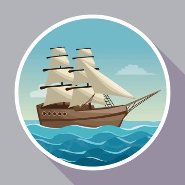 gökyüzü okyanus manzara ve yelkenli dairesel çerçeve ile renkli poster