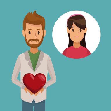 renkli poster yarım vücut bir kalp ve simge ile kadın yüz tutan adam sakallı