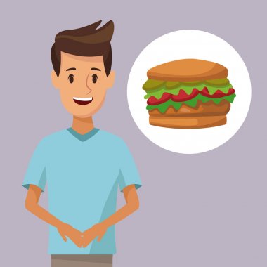 renkli poster yarım vücut adam ve simge hamburger