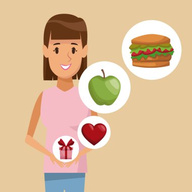 renkli poster yarım vücut düz kadın ve simge öğeleri sağlıklı gıda hediye