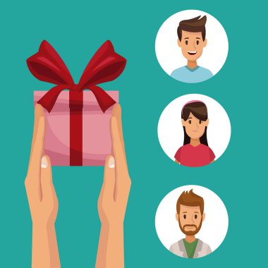 renkli poster bir hediye ve simgeler holding eller ile insanlar yarım vücut koymak.