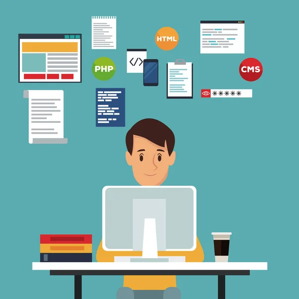 Color scene background front view web developer man in desk programming language — Stock Vector