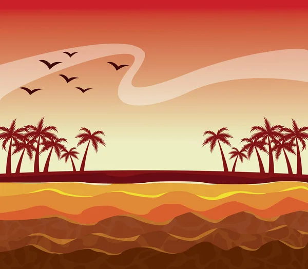 Affiche colorée coucher de soleil ciel paysage de palmiers sur la plage — Image vectorielle