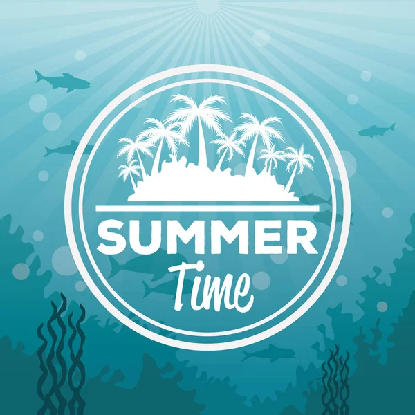 Latar belakang warna-warni laut lanskap bawah air dan logo musim panas siluet pulau dengan telapak tangan - Stok Vektor