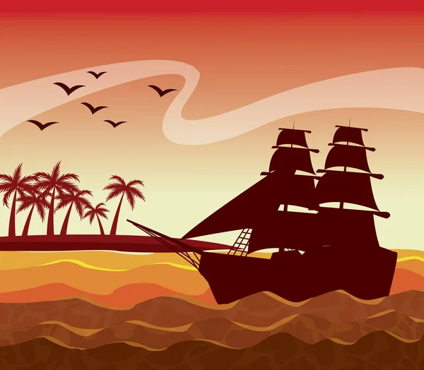 Colorido cartel puesta del sol cielo paisaje de palmeras en la playa y velero en las olas — Vector de stock