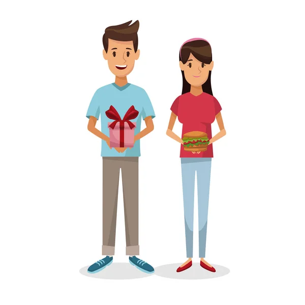 Witte achtergrond met kleurrijke zo ingesteld dat man en vrouw holding cadeau en fastfood-hamburger — Stockvector