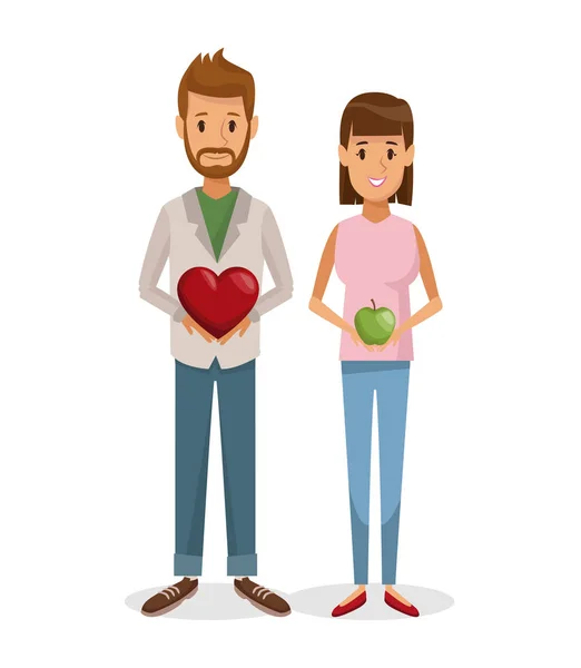 白の背景にカラフルな設定の男と女の心を保持形ギフトとアップル フルーツ — ストックベクタ