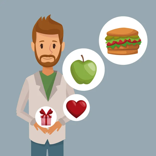 Połowa ciała kolorowy plakat Brodaty człowieka i ikonę elementy zdrowej żywności prezentów — Wektor stockowy
