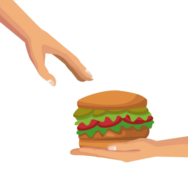 Bílé pozadí s barevných kombinací, což dává hamburger rychlé občerstvení do jiné lidské dlaně — Stockový vektor