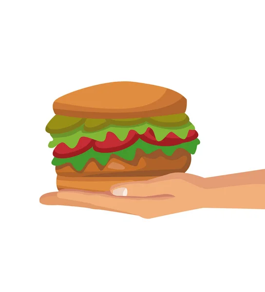 Beyaz arka plan ile bir hamburger fast food holding renkli eller — Stok Vektör