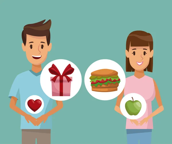 Renkli poster yarım vücut çift erkek ve kadın ve öğeleri sağlıklı gıda hediye simgesi — Stok Vektör