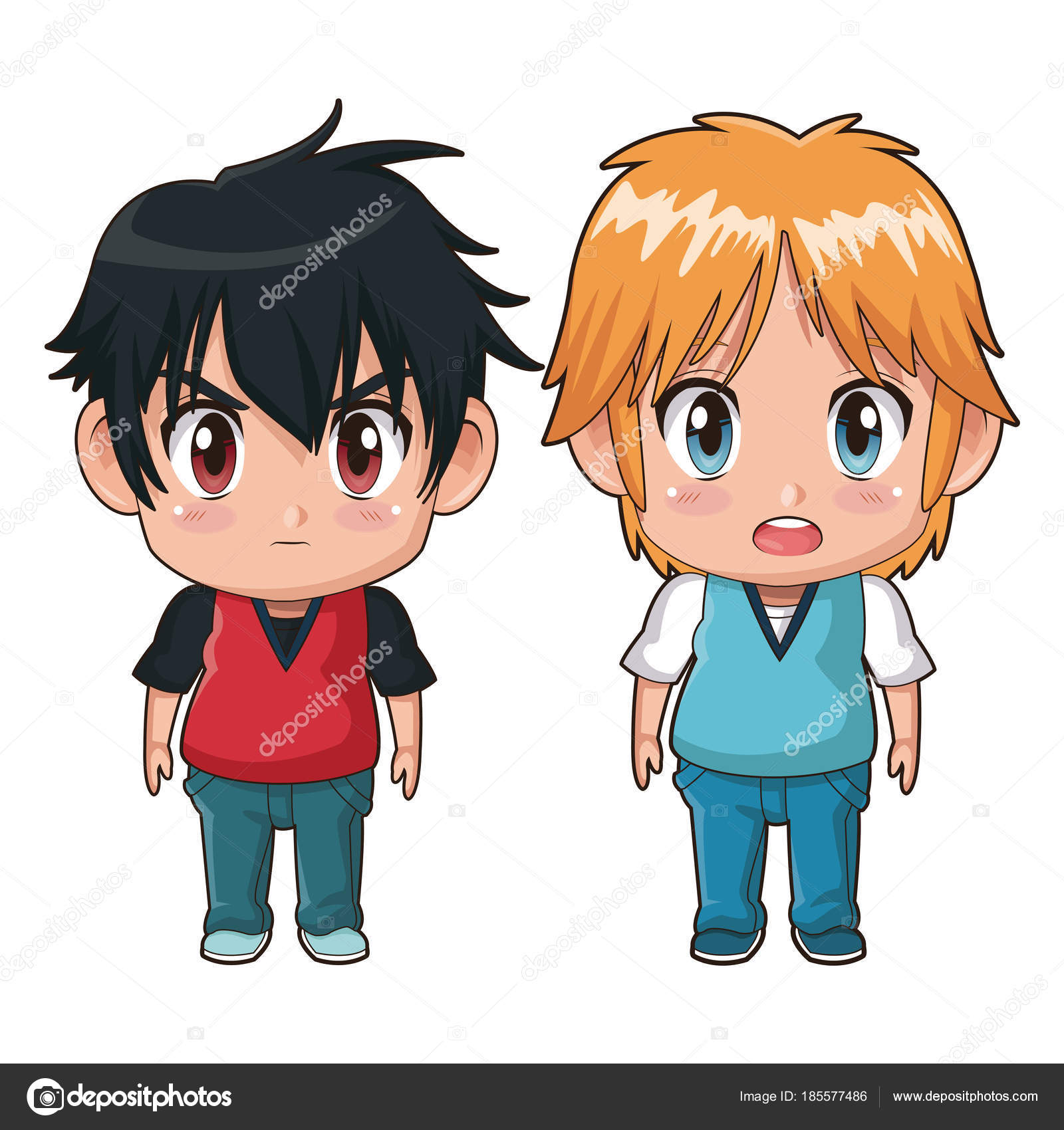 カラフルなフルボディ カップルかわいいアニメ tennager 表情困惑と怒り
