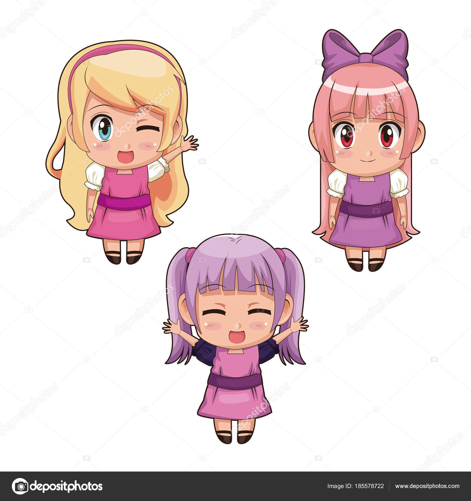 Set Of Four Anime Icons With Girls Stock Illustration - Download