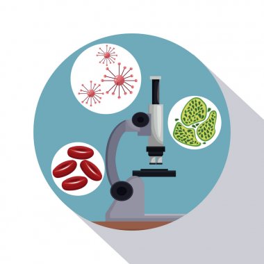 poster closeup mikroskop dairesel çerçeve gölgelendirme ile globüller ve hücre simgeleri