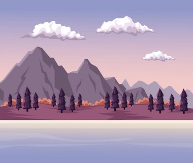 Şafak dağ vadi manzarası ve göl ile renkli arka plan