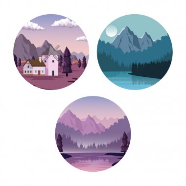 Beyaz arka plan manzara dawn ve gece ile yuvarlak kare kümesi ile