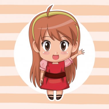 dairesel çerçeve ve şirin anime kız ifade tebrik uzun saç modeli ile şeritli renk arka plan