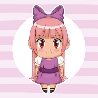 dairesel çerçeve ve şirin anime kız uzun düz saç yay dantel ile Lila şeritli renk arka plan