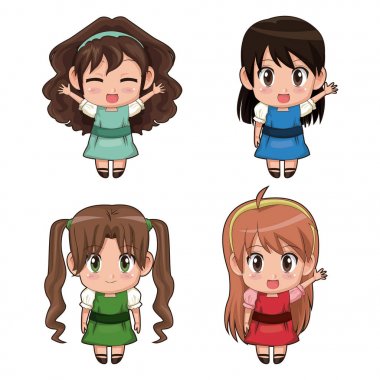 renkli set tam vücut şirin anime tennagers kızlar yüz ifadesi