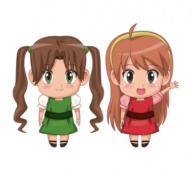 renkli tam vücut çift şirin anime kız yüz ifadesi mutluluk ve tebrik
