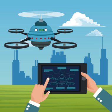 gökyüzü manzara mavi robot drone ile beş airscrew ile tablet binalar sahne ve insan kolu uzaktan kumanda ile