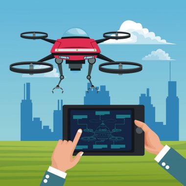 gökyüzü manzara binalar sahne ve insanlarla başa tablet metal kollu kırmızı robot drone ile uzaktan kumanda ve dört airscrew