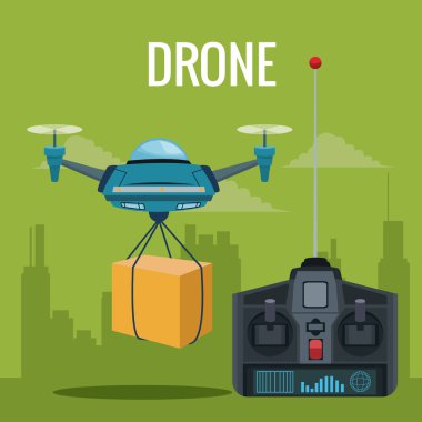 Uzaktan kumanda ve airscrew çifti ile kutu taşıyan mavi robot dron yeşil sahne şehir manzarası ayarla