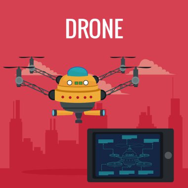 Kırmızı sahne şehir manzara set uzaktan kumanda tablet ve büyük sarı robot dron dört airscrew ve teleskop çifti