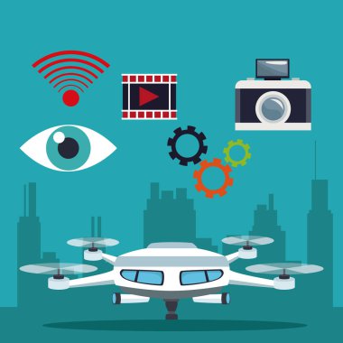 renk arka plan siluet binalar ve modern beyaz dron teelscope ve simgeleri çift ile teknoloji robot ayarla