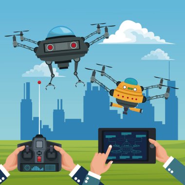 Uzaktan kumanda ve tablet modern robot dron afiş arka plan rengi şehir manzara ayarla